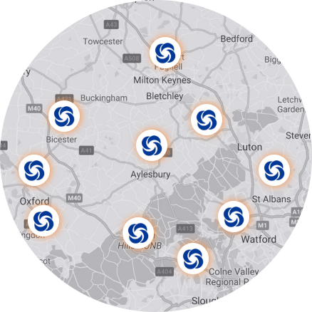 Map of bucks, beds, herts and oxon areas with pins for GK Plumbing's local engineers